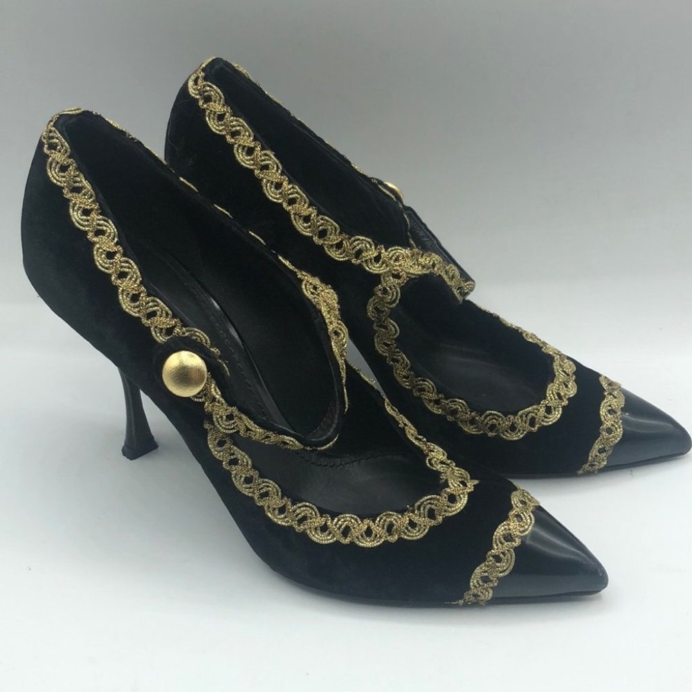 Dolce & Gabbana Size 36.5 (6.5) Black Velvet Gold Mary Jane Pumps Authentic